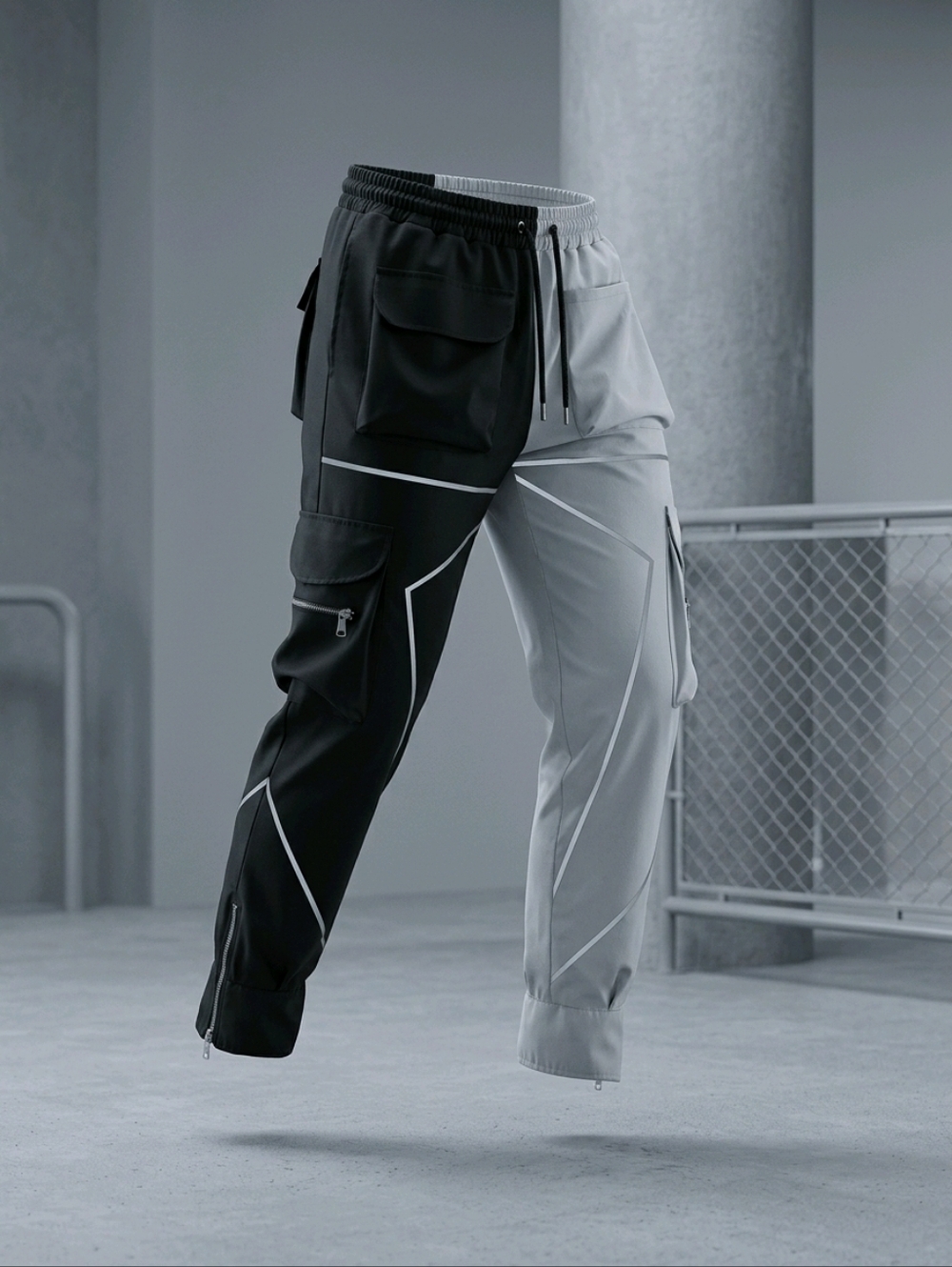 Fitness Wolf Two-Tone Black & White Cargo Joggers With Geometric Print Size M